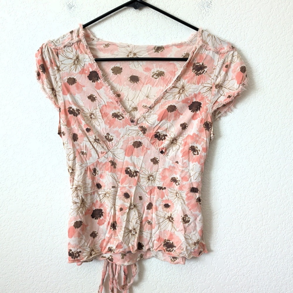 Vintage Gap 100% Silk Floral Babydoll Tie Top Pink Small Coquette Y2K Ethereal